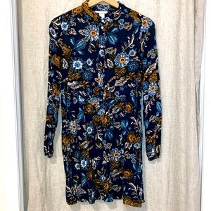 Babydoll dress, Sz4, teal, blue & yellow print, mother of pearl buttons.